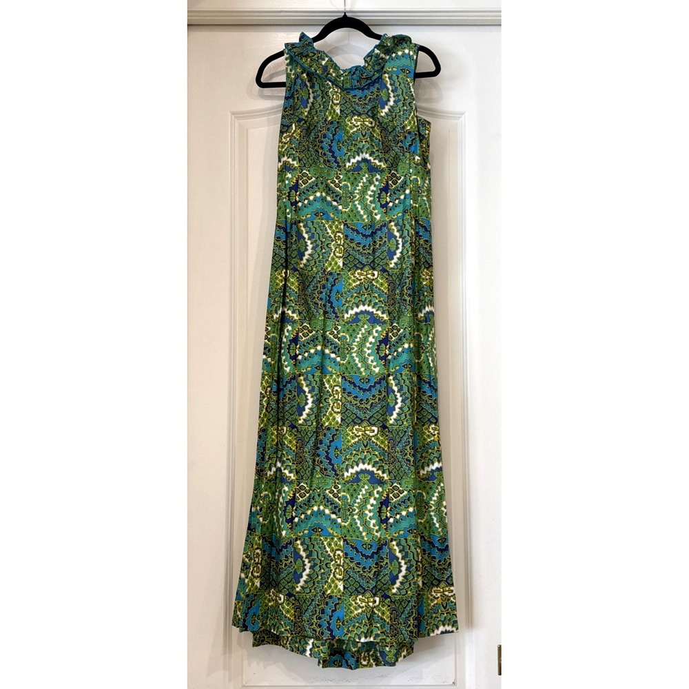 VTG Rhapsody By Glazier Dress Sleeveless Green Blue Geometric Maxi Dress Sz M
